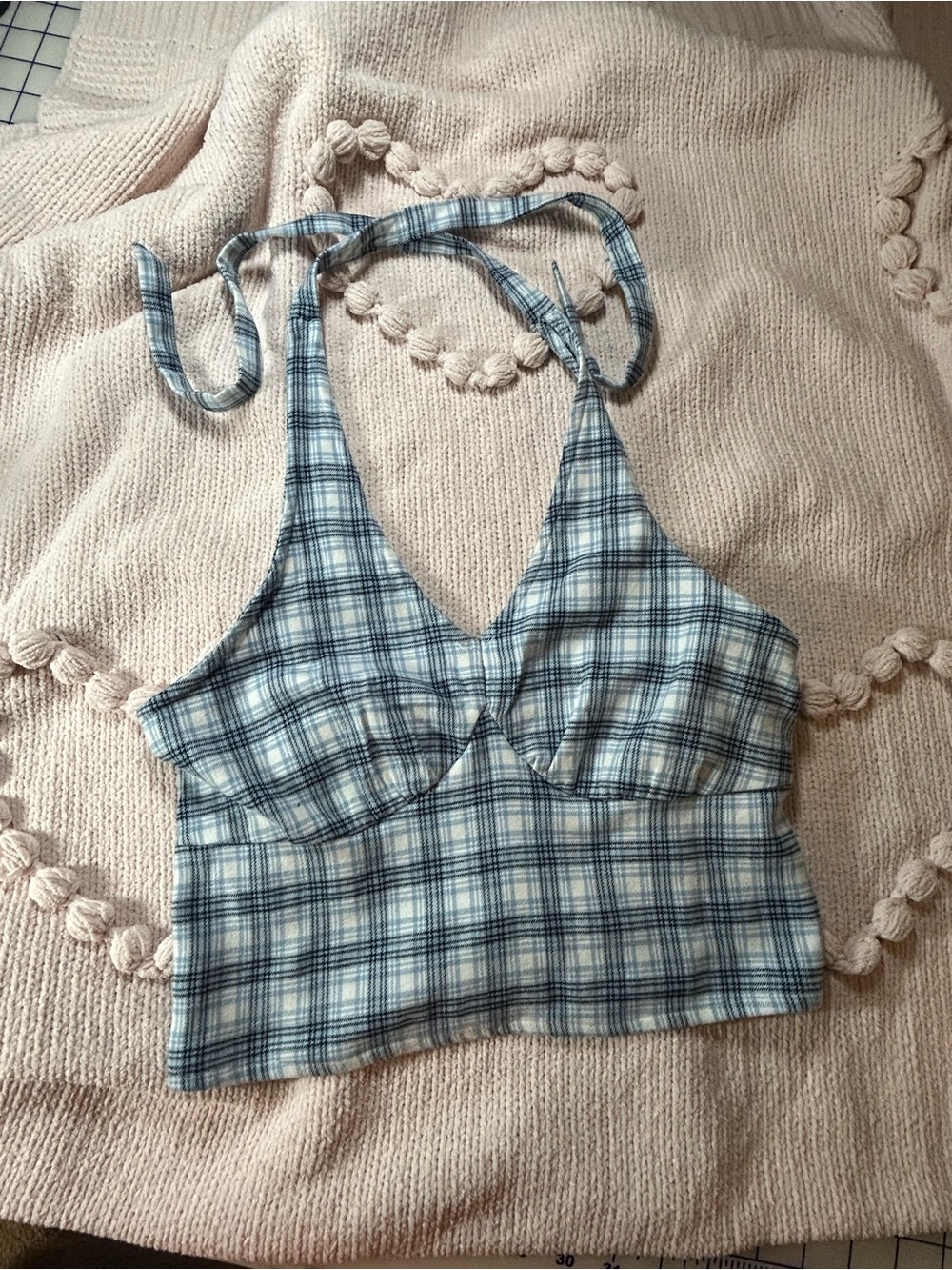 Hollister Blue Plaid flannel Halter Crop Cami with Tie Straps